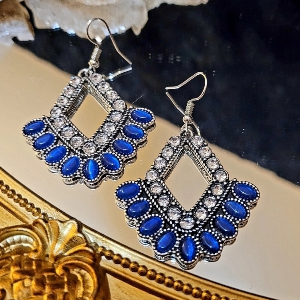 Vintage Boho Blue & White Crystal Silver Dangle Drop Earrings